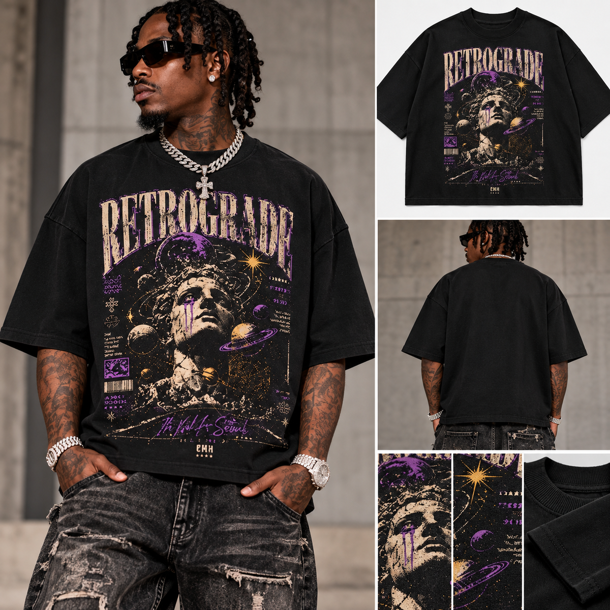Retrograde black oversized graphic tee model and product views