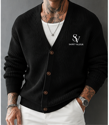 Saint Valeur Bram Rib Cardigan black model mockup with left chest logo