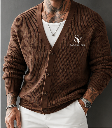 Saint Valeur Bram Rib Cardigan brown model mockup with left chest logo