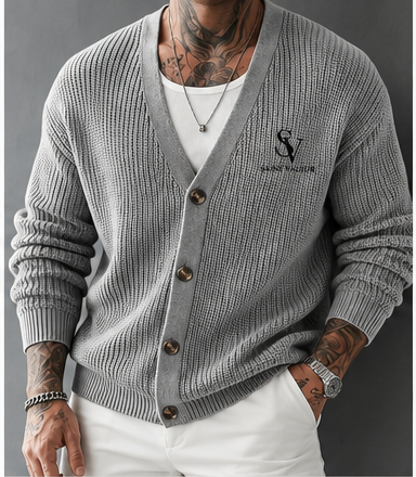 Saint Valeur Bram Rib Cardigan gray model mockup with left chest logo