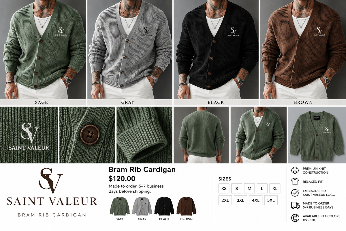 Saint Valeur Bram Rib Cardigan concept lookbook in Sage, Gray, Black and Brown