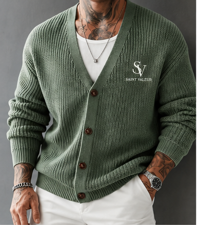 Saint Valeur Bram Rib Cardigan sage model mockup with left chest logo