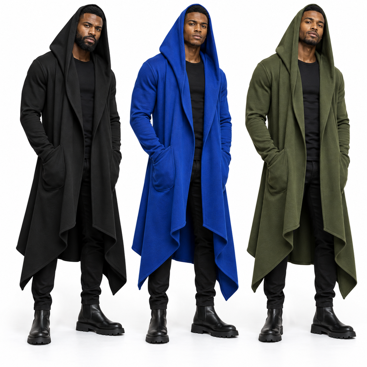 Saint Valeur Hooded Cloak Cardigan in black, blue and green