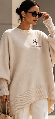 Saint Valeur Maris Drape Sweater apricot model mockup, small left chest logo
