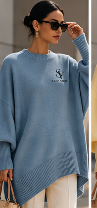 Saint Valeur Maris Drape Sweater blue model mockup, small left chest logo