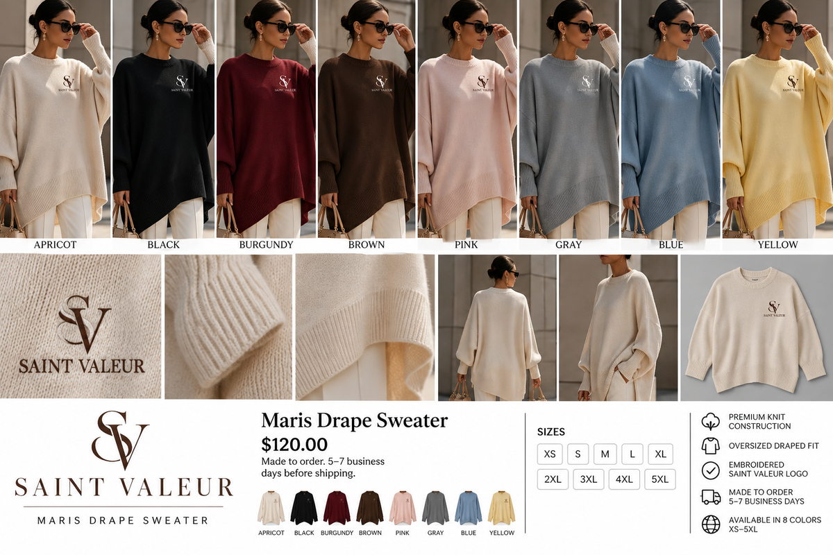 Saint Valeur Maris Drape Sweater concept lookbook with small left chest logo