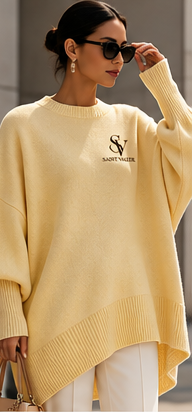Saint Valeur Maris Drape Sweater yellow model mockup, small left chest logo