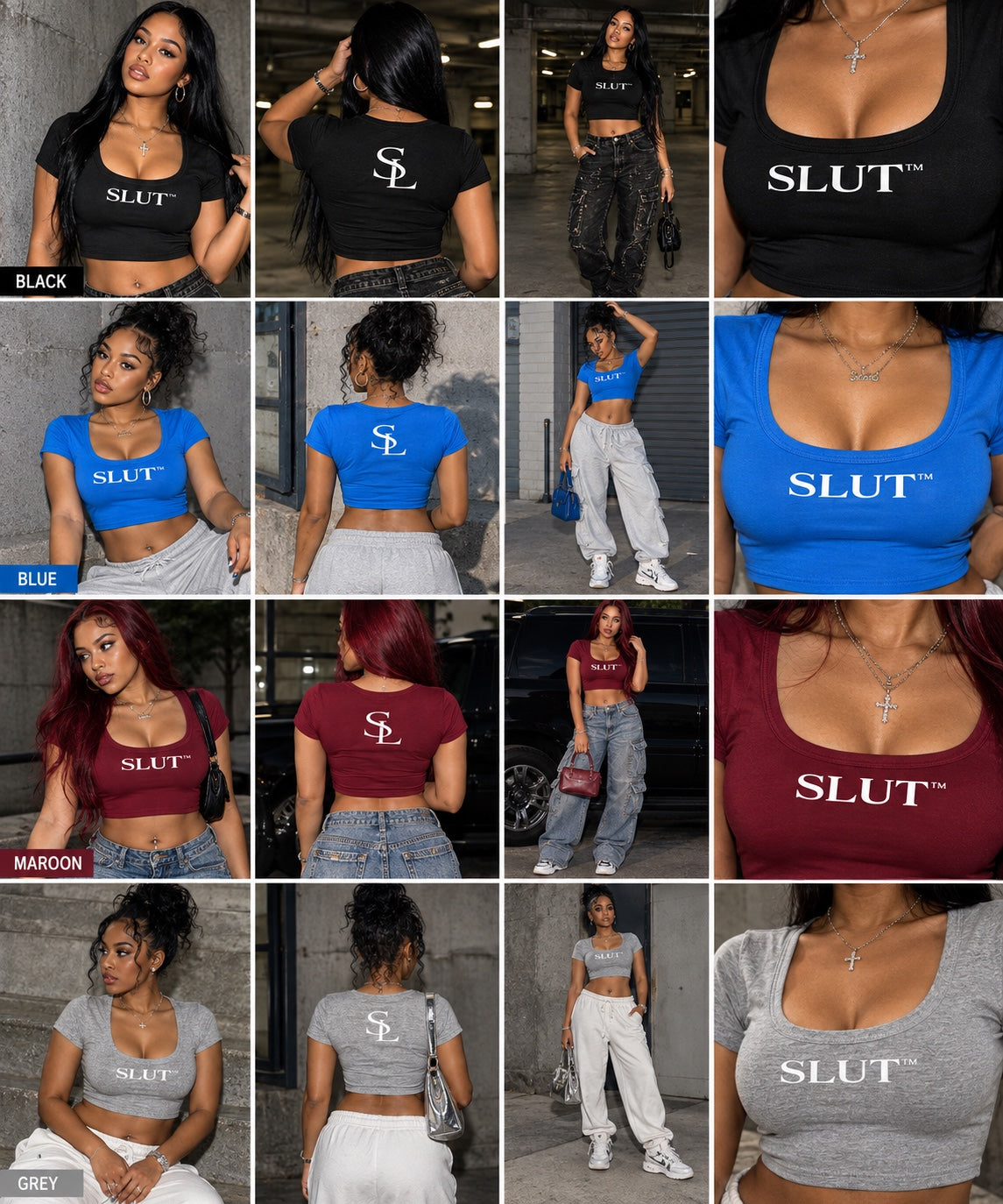 SLUT crop top in black, blue, maroon and grey colorways