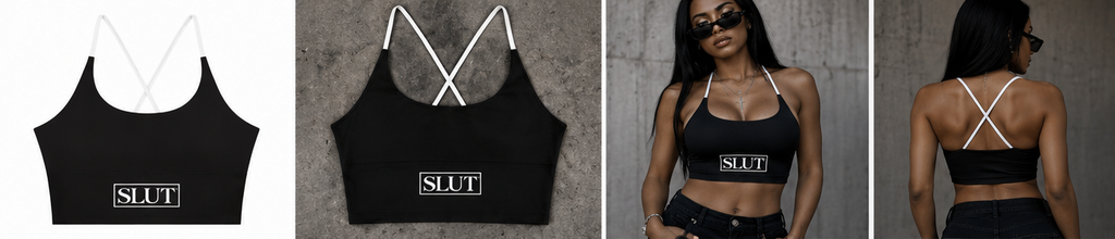SLUT cross-back crop product mockup, flat lay and model photos