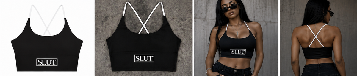 SLUT cross-back crop product mockup, flat lay and model photos