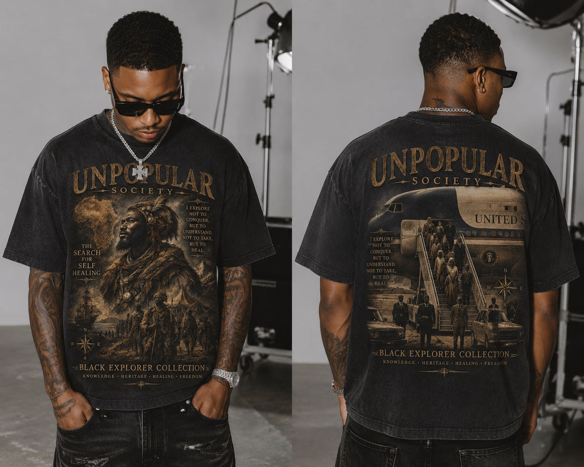 Unpopular Society Black Explorer Collection tee front and back