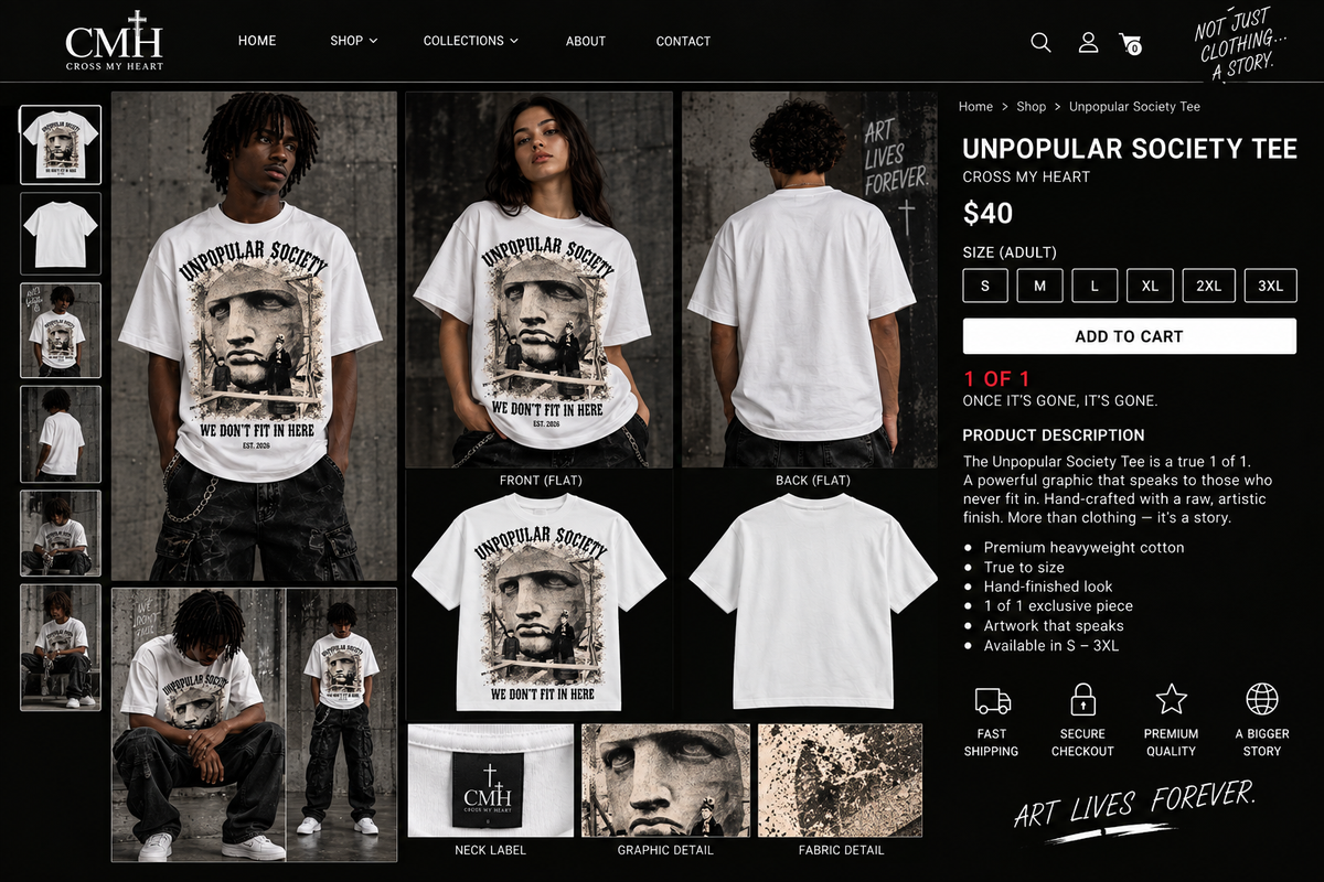 Unpopular Society tee clean model and flat product page