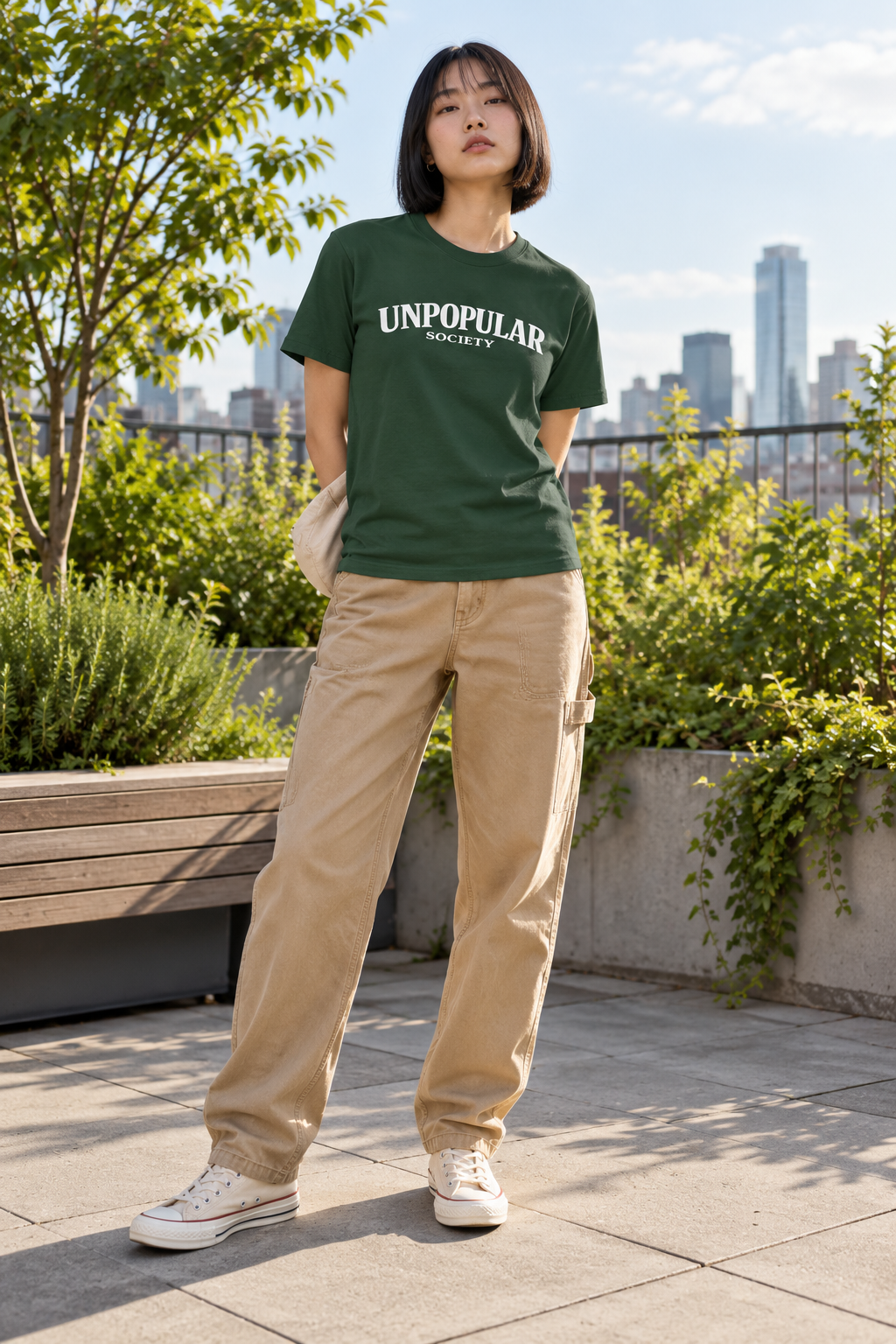 Unpopular Society classic tee Fern Green color on model