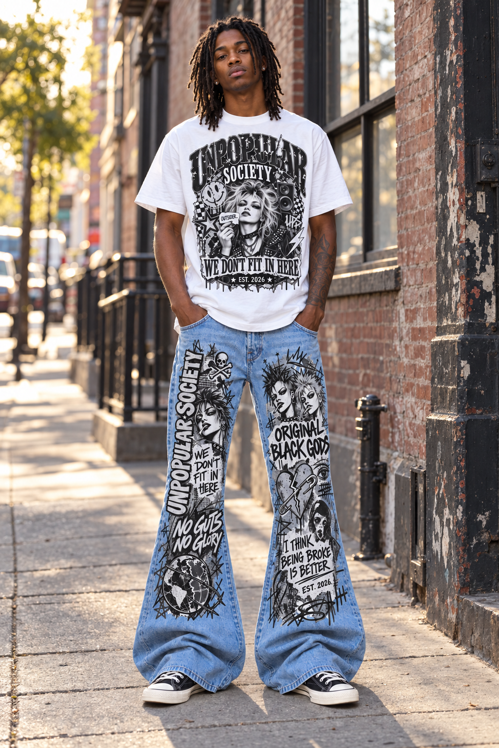 Unpopular Society lifestyle model photo; shirts and pants sold separately