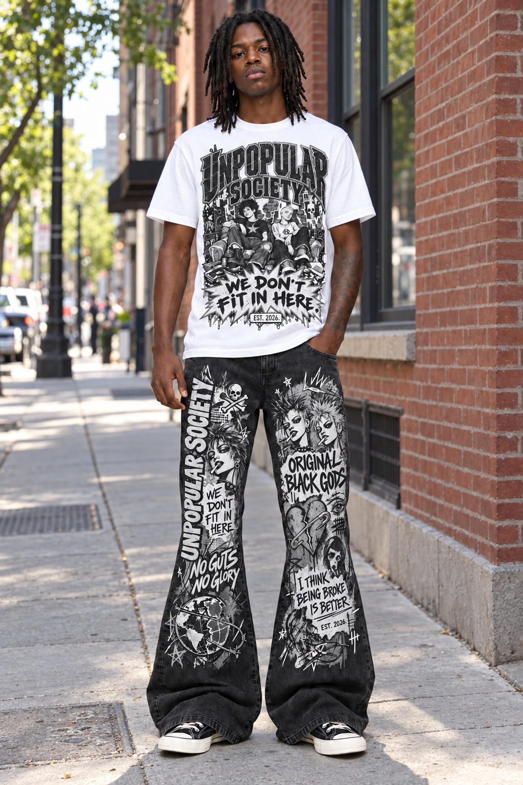Black and white Unpopular Society lifestyle model photo; shirt and pants sold separately