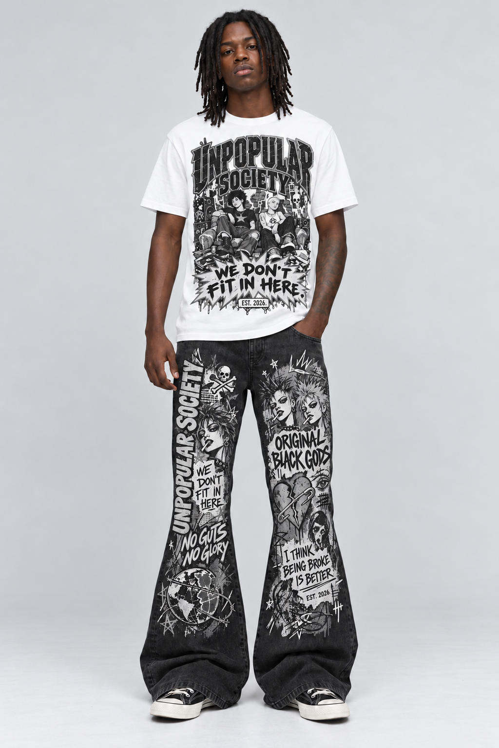Black-and-white Punk Couch artwork shown on matching flared jeans; shirt sold separately