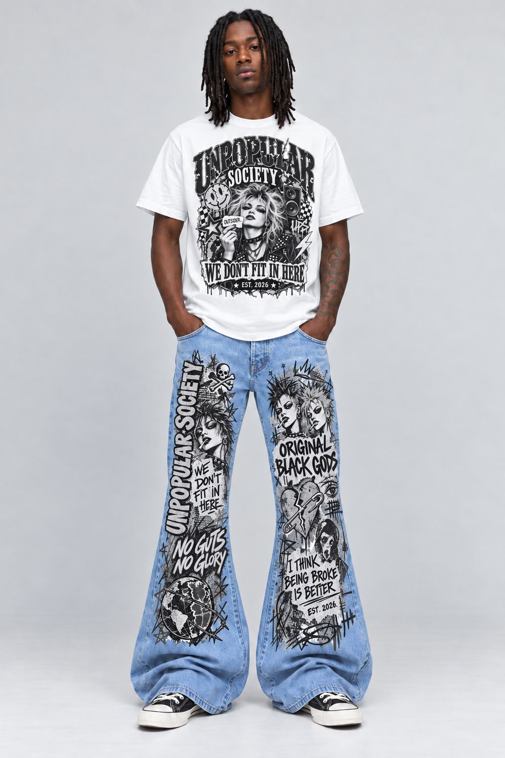 Black-and-white Outsider artwork shown on matching flared jeans; shirt sold separately