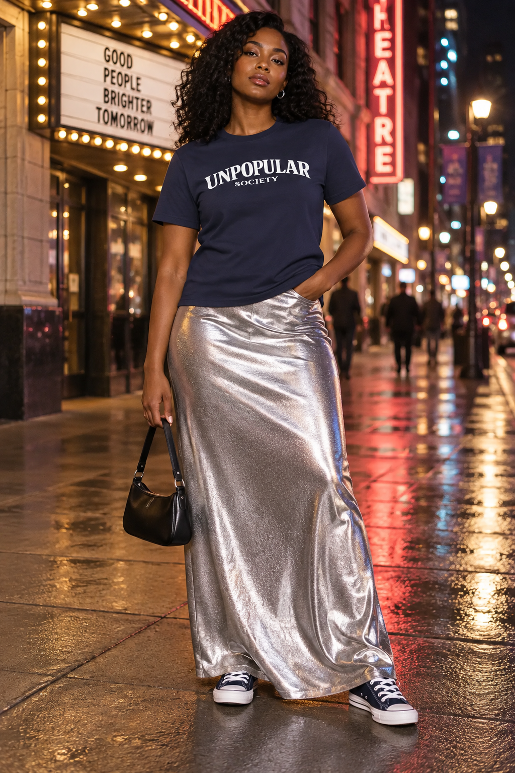 Unpopular Society navy classic tee styled on female model