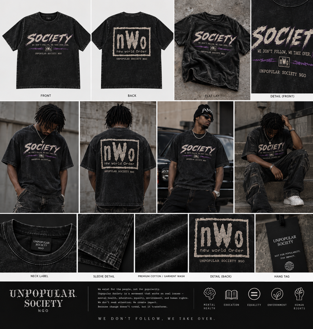 Unpopular Society NGO NWO tee model photo shoot, flat lay, front and back product photos