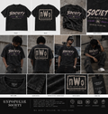 Unpopular Society NGO NWO tee model photo shoot, flat lay, front and back product photos