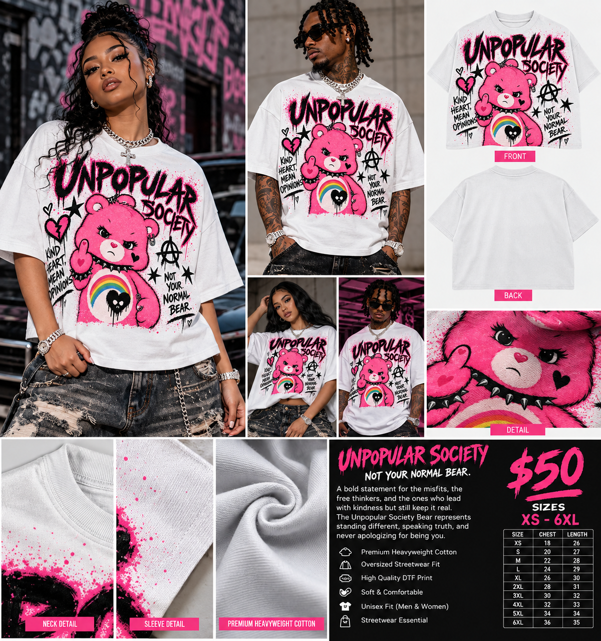 Unpopular Society Not Your Normal Bear white graphic tee model and product lookbook