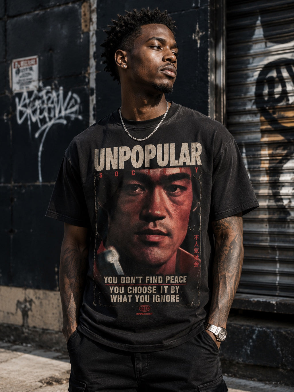 Model wearing the Peace You Ignore heavyweight tee