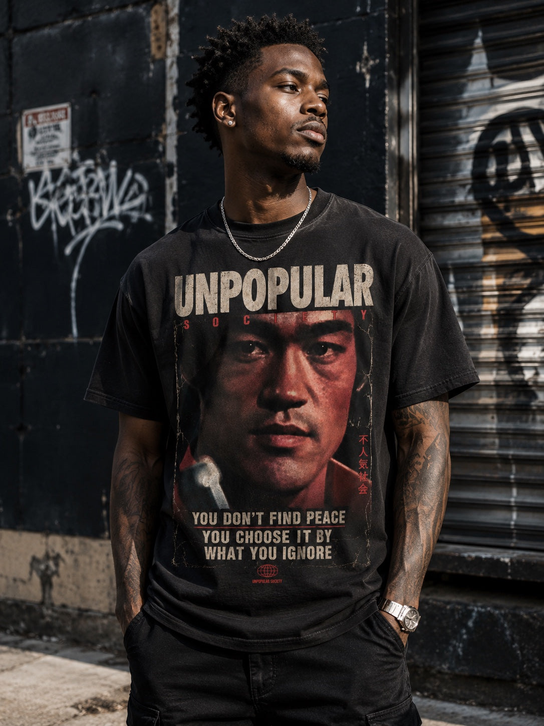 Model wearing the Peace You Ignore heavyweight tee