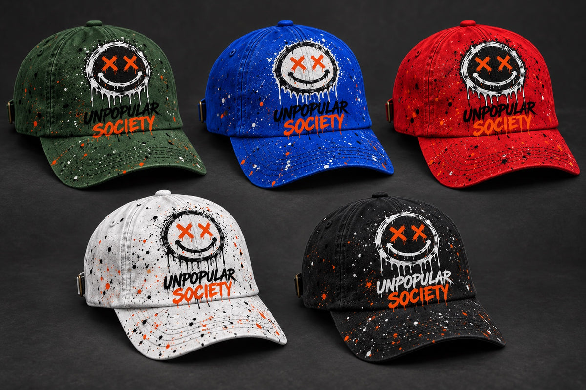 Unpopular Society splatter hats in green, blue, red, white and black
